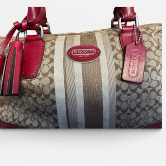 Coach Raspberry and Tan Signature Satchel